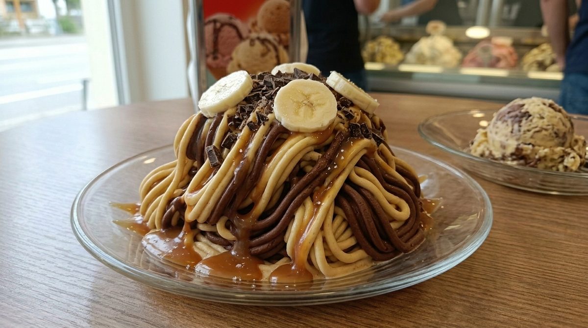 Spaghettieis mit Banane, Schokolade und Salzkaramell sowie Bananenscheiben auf einem Tisch in der Eisdiele