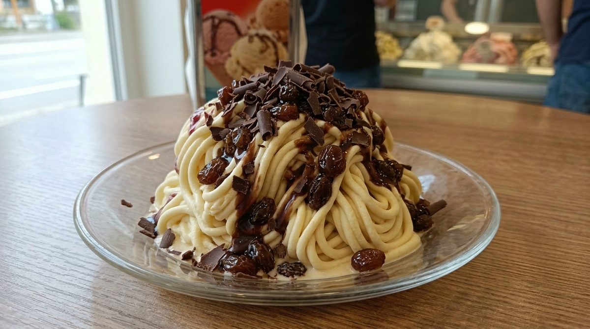 Spaghettieis mit Rosinen und dunklen Schokoladenspänen auf einem Tisch in der Eisdiele