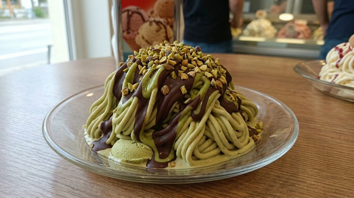 Pistazien-Spaghettieis mit Schokoladensoße und Pistaziensplittern auf einem Tisch in der Eisdiele