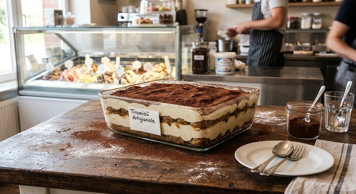 Handwerkliches Tiramisu in einer rechteckigen Schale auf einer Eisdielen-Theke