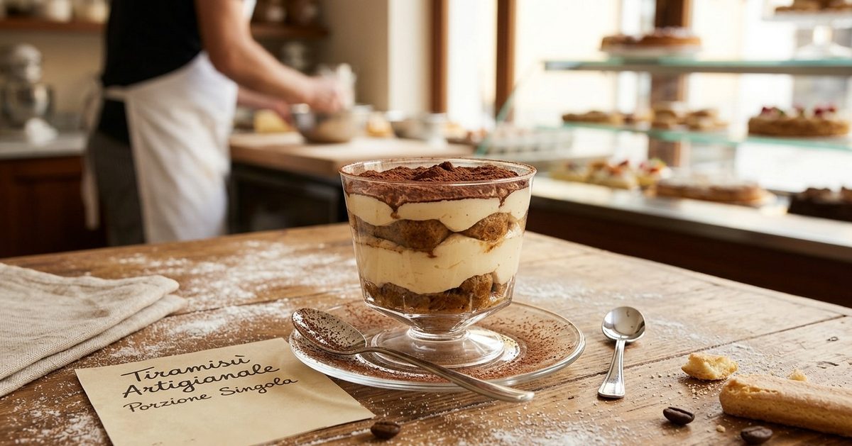 Tiramisù artigianale in un bicchiere trasparente, con savoiardi, crema al mascarpone e cacao