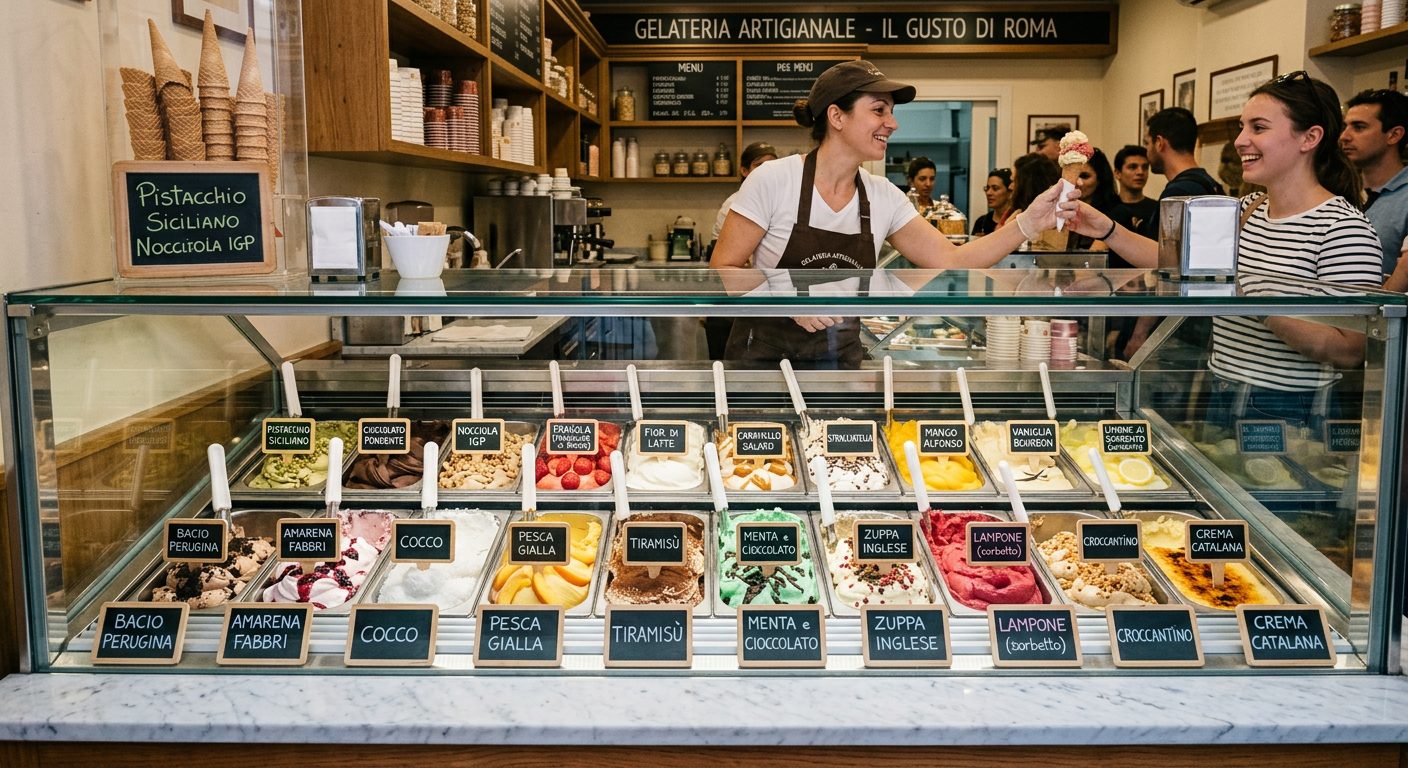Vitrine einer Eisdiele mit geordneten Eisschalen und Sortenschildern